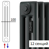 Черный трубчатый стальной радиатор KOHR Heim 3180 12 секций с нижним подключением H01 и термовентилем