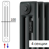 Черный трубчатый стальной радиатор KOHR Heim 3180 4 секции с нижним подключением H01 и термовентилем