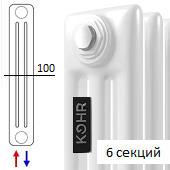 Белый трубчатый стальной радиатор KOHR Heim 3180 6 секций с нижним подключением H01 и термовентилем