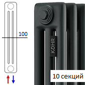 Черный трубчатый стальной радиатор KOHR Heim 3180 10 секций с нижним подключением H01 и термовентилем