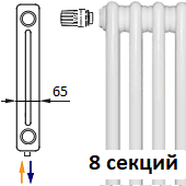 Трубчатый радиатор KERMI RRV 2180/8 c нижним подключением белого цвета RAL 9016