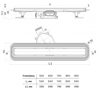 Размеры лотка для душа Frameless 850