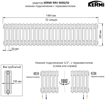 Трубчатый радиатор KERMI RRV 3030/32 c нижним подключением белого цвета RAL 9016