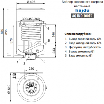 Размеры бойлера Hajdu AQ IND 100 FC