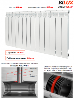 Биметаллический радиатор BiLUX Plus R500/14 секций боковое подключение