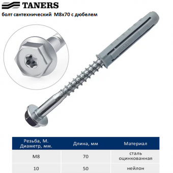 Болт сантехнический глухарь TANERS М8x70 с дюбелем