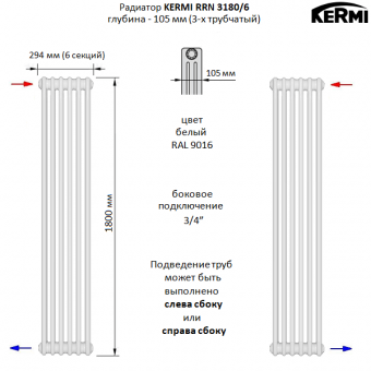 Стальной трубчатый радиатор KERMI RRN 3180/6 c боковым подключением белого цвета RAL 9016