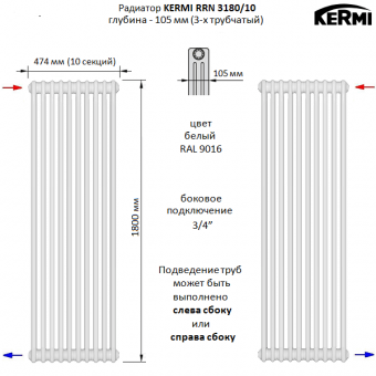Стальной трубчатый радиатор RRN KERMI 3180/10 c боковым подключением белого цвета RAL 9016