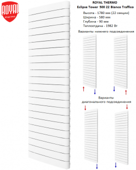 Биметаллический вертикальный дизайн радиатор Royal Thermo Eclipse Tower 500 22 белого цвета Bianco Traffico