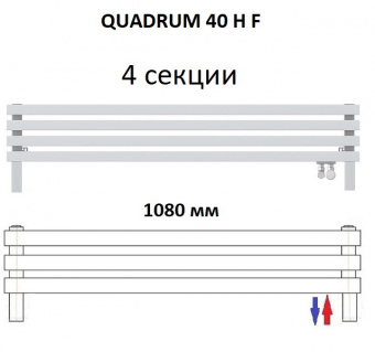 Горизонтальный напольный радиатор КЗТО QUADRUM 40 H 1000-4 F R RAL 1Т104S9016 - 4 секции нижнее правое подключение белый