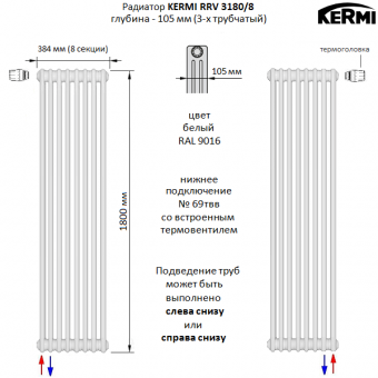 Стальной трубчатый радиатор KERMI RRV 3180/8 c нижним подключением белого цвета RAL 9016