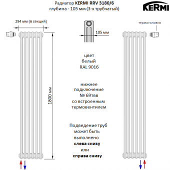 Стальной трубчатый радиатор KERMI RRV 3180/6 c нижним подключением белого цвета RAL 9016