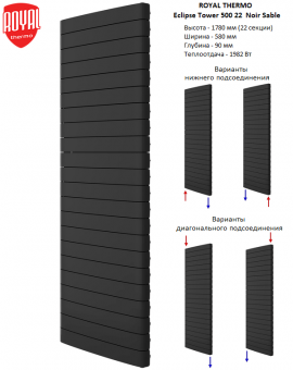 Биметаллический вертикальный дизайн радиатор Royal Thermo Eclipse Tower 500 22 черного цвета Noir Sable