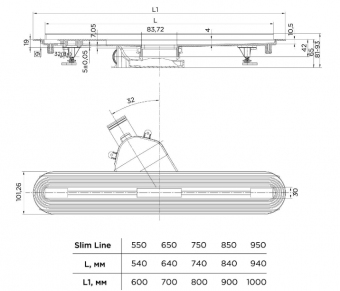 Размеры лотка для душа Slim Line 950