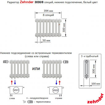 Радиатор Zehnder 3030/8 секций, нижнее подключение с термовентилем (Completto), белый цвет