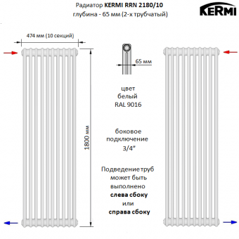 Стальной трубчатый радиатор KERMI RRN 2180/10 c боковым подключением белого цвета RAL 9016