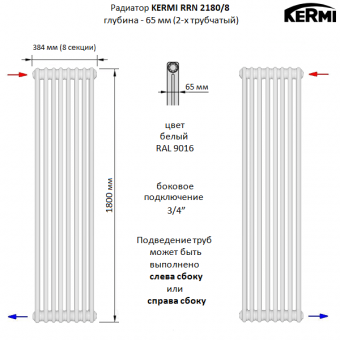 Стальной трубчатый радиатор KERMI RRN 2180/8 c боковым подключением белого цвета RAL 9016