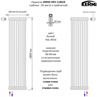 Стальной трубчатый радиатор KERMI RRV 2180/8 c нижним подключением белого цвета RAL 9016
