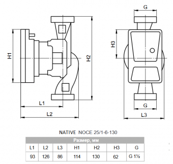 Размеры циркуляционного насоса Native NOCE 25/1-6-130