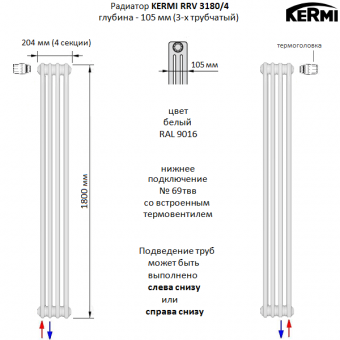 Стальной трубчатый радиатор KERMI RRV 3180/4 c нижним подключением белого цвета RAL 9016