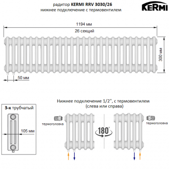 Трубчатый радиатор KERMI RRV 3030/26 c нижним подключением белого цвета RAL 9016
