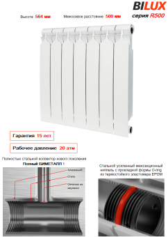 Биметаллический радиатор BiLUX Plus R500/7 секций боковое подключение