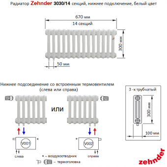 Радиатор Zehnder 3030/14 секций, нижнее подключение с термовентилем (Completto), белый цвет