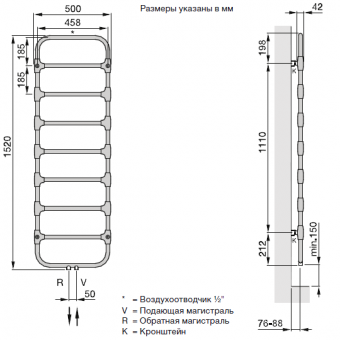 Размеры полотенцесушителя Zehnder Nobis NOB-150-050 CR