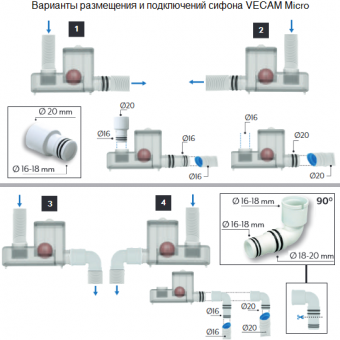 Варианты монтажа и подключений сифона Vecam Micro